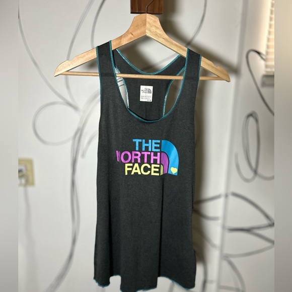North Face Rainbow Logo Racerback Tank Too Gray Womens Medium with Blue Thread - Picture 1 of 6